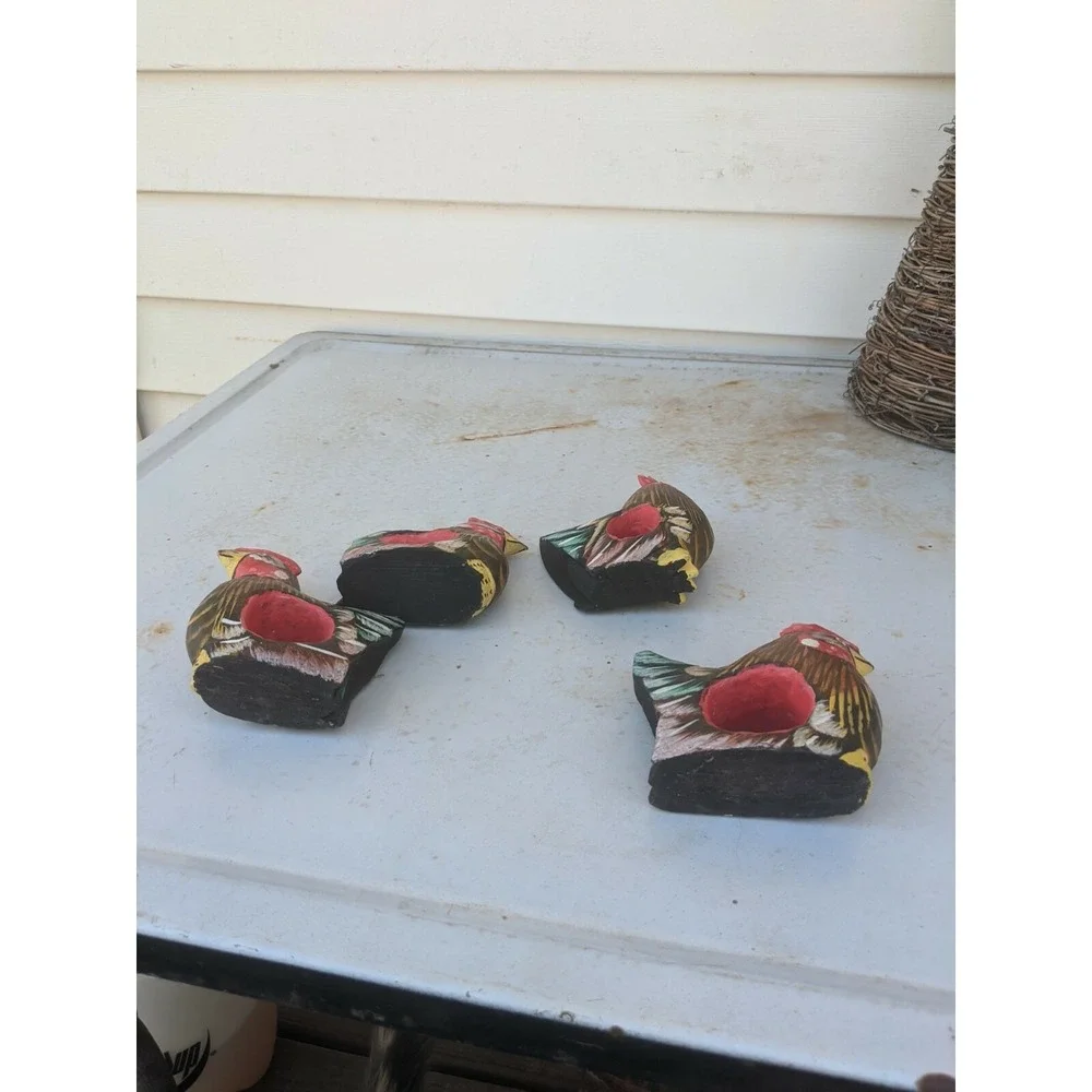 Folk Art Wood Painted Chicken Napkin Ring Holders Set of 4